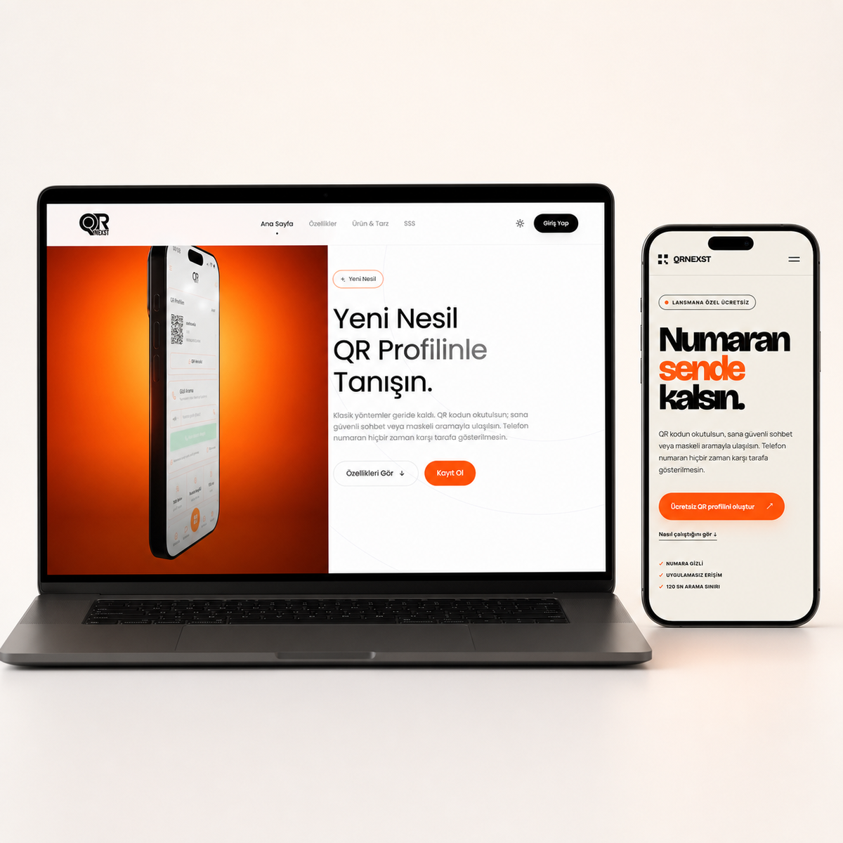 QRNexst sitesinin masaüstü ve mobil arayüzünü gösteren Codeexia proje sunumu