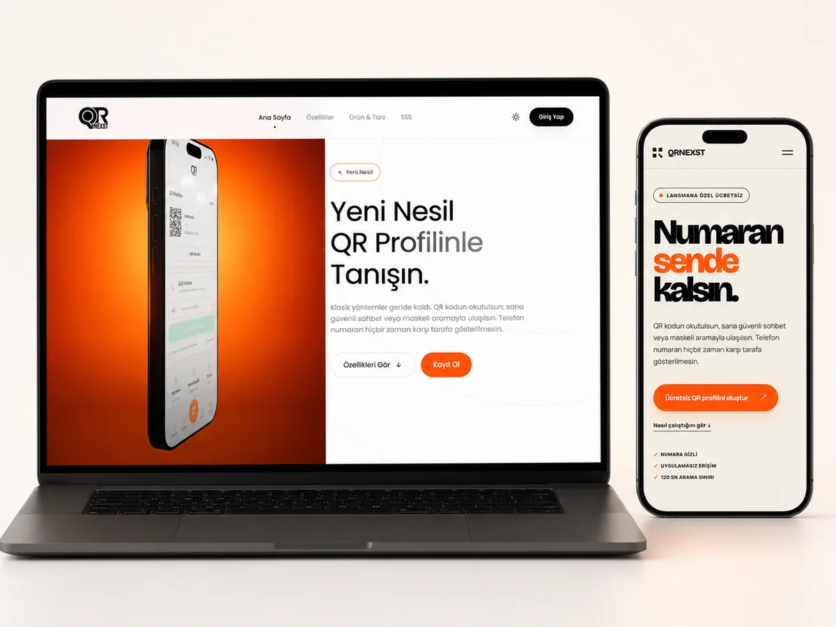 Презентация проекта Codeexia, демонстрирующая десктопный и мобильный интерфейс сайта QRNexst.